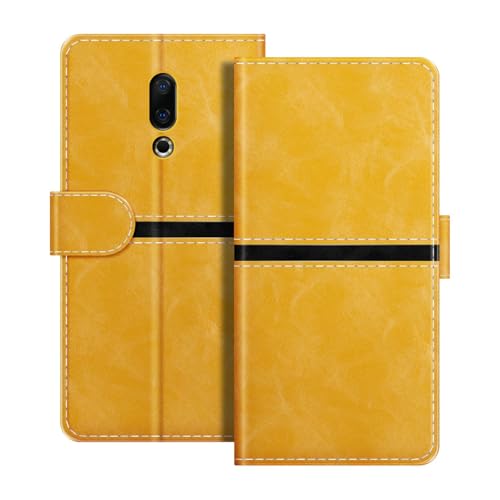 ESACMOT Funda Cartera de Cuero Compatible con Meizu 16th Diseño de Rayas Horizontales Flip Cover Protectora con Ranura para Tarjeta Cierre Magnético (Dorado)