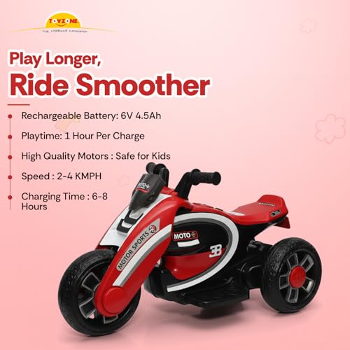 Image of Toyzone Moto Electric Bike (Red) | 6V Rechargeable Bike with 4.5Ah Battery | LED Lights, Built in Music | Smooth Acceleration | 6M Battery Warranty | Age 2-8 Years, Upto 35 kg