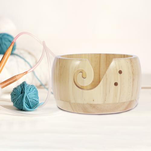 Image of Wooden Yarn Bowl with Lid, 6in Round Knitting Yarn Holder, Crochet Bowl, Pine Wood, Wood Color