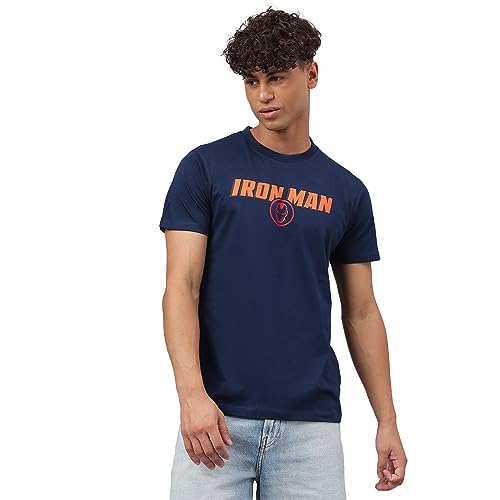 Image of Free Authority Iron Man Printed Regular Fit Blue Cotton Men's T-Shirt