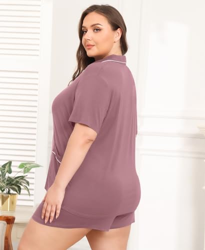 Image of SWOMOG Women Plus Size Pajamas Set Button Up Short Sleeve Top and Shorts Lounge Sleepwear Women Pjs Plus Size with 2 Pockets, Taro Purple