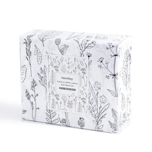 Image of 100% Natural Cotton Percale Sheets Set,King Size 4 PC, Breathable&Durable Hotel Quality Bedding, 16 inch Deep Pocket Botanical Floral Bedsheets,White