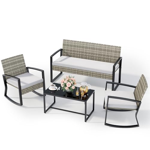 Image of Ahomly 4 Piece Outdoor Furniture Set with Rocking Chairs, Light Grey