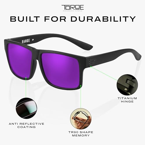 Image of TOROE TR90 Square Frame Grade A Polarized Black Emblem Sunglasses with Anti Reflective Water Repellent Polycarbonate Lenses (Matte Black Frame, Purple Mirror (Category 3))