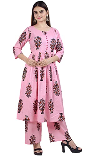 Chandrakala Women's 100% Cotton Indian Ethnic Printed Tunic Top 3/4th Sleeve Frock Style with matching Plazzo Flared Kurti Kurta,Large (K137PIN3.) Pink