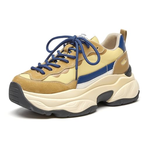 Image of BEAU TODAY Womens Chunky Sneakers, Walking Shoes for Women, Lace up Comfortable Platform Fashion Dad Sneakers Yellow Blue US Size 9