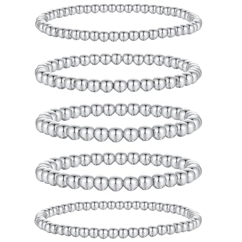 XIANNVXI 5PC Silver Bracelets Platinum Plated Beaded Bracelet for Women Stretchable Elastic Stackable Silver Bead Ball Bracelet Trendy Set women Dainty Jewelry 4/5/6mm