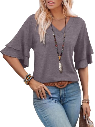 Image of OFEEFAN Spring Tops for Women Boho Shirts Fashion Clothing Cute 3 /4 Length Sleeve Blouses Dressy Casual Summer Outfits