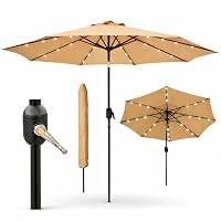 GlamHaus Garden Parasol Solar LED 2.7M,Tilting Table Umbrella with Crank Handle, Protection UV40, Includes Parasol Cover, Gardens and Patios - (Khaki Sand)