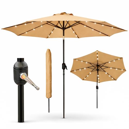 Image of GlamHaus Garden Parasol Solar LED 2.7M,Tilting Table Umbrella with Crank Handle, Protection UV40, Includes Parasol Cover, Gardens and Patios - (Khaki Sand)