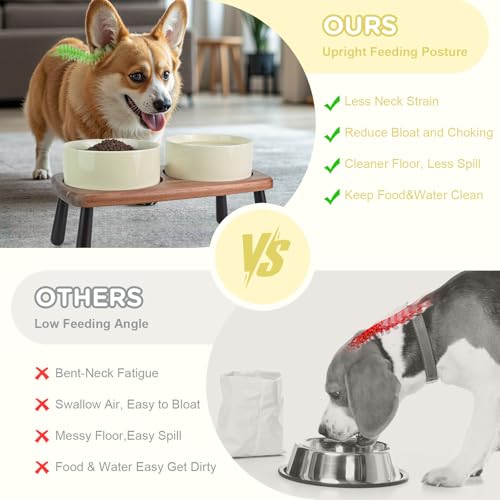 SPUNKYJUNKY Ceramic Elevated Dog Bowls Raised with Acacia Bamboo Wooden Stand, 6.1'' Dog and Cat Food Water Bowls Set Non-Slip for Small Medium Sized Breed Microwave Dishwasher Safe - 28.7 OZ,Beige by SPUNKYJUNKY - Image 3