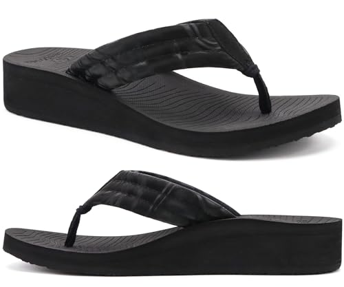 Image of COFACE Women's Flip Flops with Arch Support Ladies Fashion Slip On Wedge Flip Flops Comfortable Yoga Mat Sole Summer Beach Lightweight Thong Sandals,Black Size 6