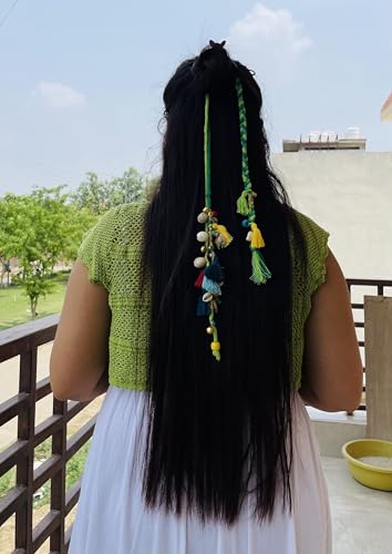 Image of Zippy Flora Boho Handmade Colorful Hair Strings for Navratri /Ethnic Look /Bohemian Styling, Colorful Braided Hairband, Thread Hair Accessories & Extensions (Full Length (20-22inch), Green)