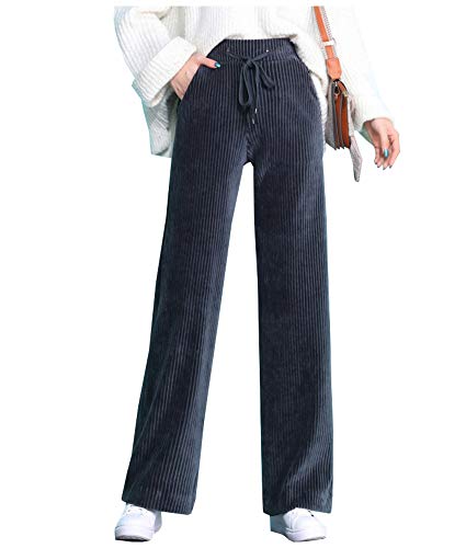Kedera Women's Corduroy Pants Comfy Pull on Elastic Waist Trousers Drawstring Pants Gray