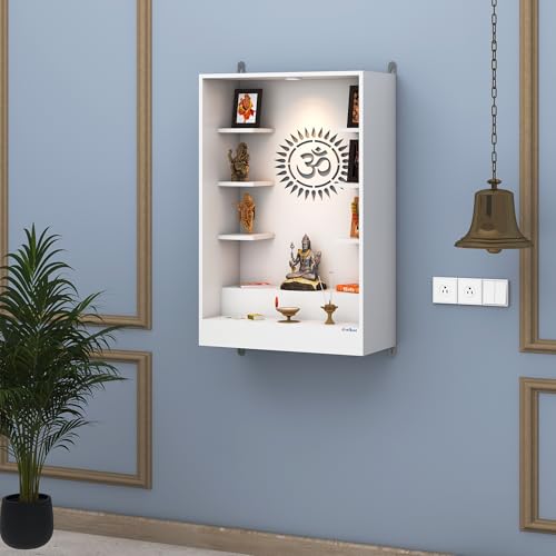 Image of Anikaa Niketana Wooden Wall Mount Mandir for Home | Pooja Temple with LED Light, Om Back Panel & 6 Shelves | Hindu Wooden Temple for Home & Office Decoration | White (DIY), Size(32x20x8 Inches)