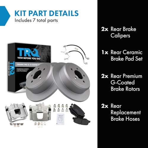 Image of TRQ Rear Brake Pad and Rotor Set Ceramic G Coated Rotors Calipers Hoses Compatible with 2008-2012 Jeep Liberty