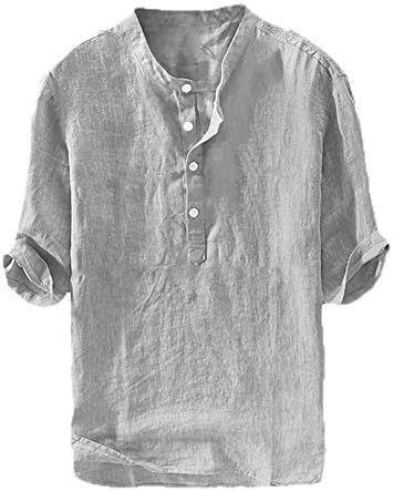 GtealifeMens Linen Henley Shirt Casual 3/4 Sleeve T Shirt Pullover Tees Lightweight Curved Hem Cotton Summer Beach Tops
