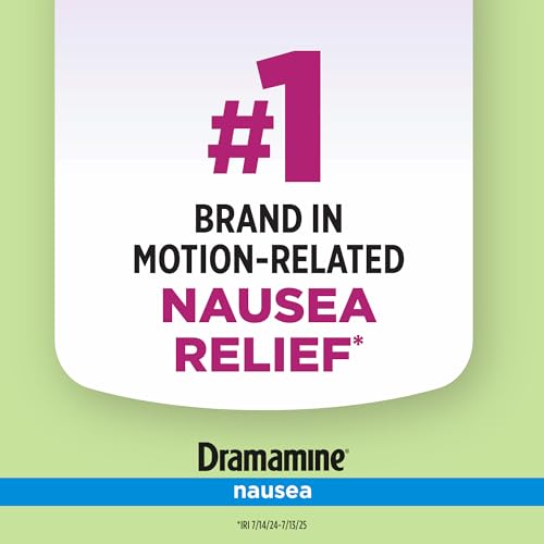 Image of Dramamine Nausea Chewable Nausea Relief with Meclizine, Raspberry Cream Flavor, 12 Count