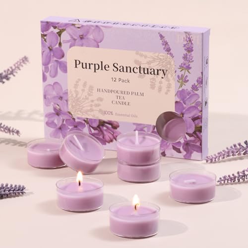 DEVI Purple Sanctuary Highly Scented Tea Lights Candles 12 Pack, 3.5-4 Hours Natural Palm Tea Candles for Home Scented, Small Votives with Essential Oils for Home Aromatherapy, Baby Shower Favors