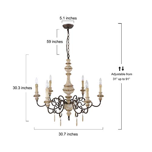 Lnc Farmhouse Chandelier For Dining Room, 6-Light French Country Lighting , Handmade Wood Chandelier With Drop Pendants, Distressed White, 30.7”Dia #TOP3