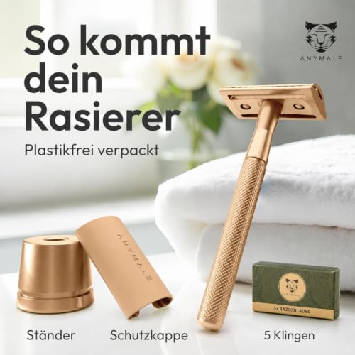 Foto von ANYMALE® Rasierhobel Damen (Gold Edition) inkl. 5 x Ersatzklingen-Set & Ständer - Nassrasierer & Frauen Rasierer (Zero Waste) Metall mit 5 Klingen - Damenrasierer & Klingenrasierer, Safety Razor