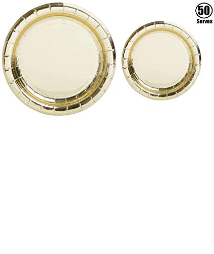 Oojami 100 Count Gold Paper Plates 50 - 9" Dinner Paper Plates , 50 - 7" Dessert Paper Plates Gold Foil Ideal For Wedding, Holidays, Baby Shower, New Years, Retirement, Birthday (Gold) #TOP2