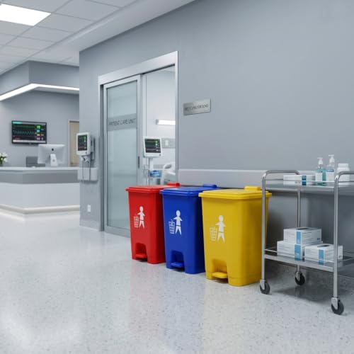 Image of Biomedical Waste Pedal Dustbin Set of 3 (10 LTR Each) | Color-Multi Color Coded Bins | Foot Operated | With Free Check Duster Cloth