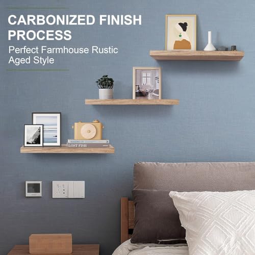 Image of Hamdan Collection Floating Shelves, 24 Inch Wall Shelf Set of 2, Rustic Wood Shelves for Wall Storage, Wall Mounted Wooden Display Shelf for Bathroom Bedroom (S3 Natural, 17 Inch S3)