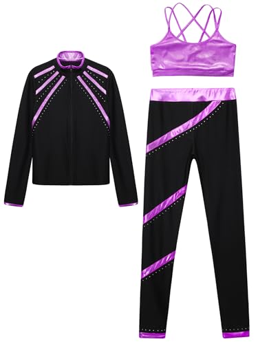 3 Pcs Kids Girls Sports Dance Suit Zipper Long Sleeve Jacket Metallic Sport Bra with Pants Tracksuit3