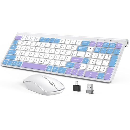 JOYACCESS Clavier et Souris sans Fil Ergonomiques, France AZERTY, Silencieux, Portable, Inclut des Ports USB-A et USB-C, Film Protecteur pour Clavier, pour Mac/PC/Laptop/Windows - Bleu et Violet
