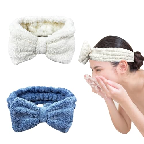 Bsofter ヘアバンド 洗顔 お風呂 化粧 2枚セットヘアターバン ふわふわ ヘアバンド可愛い リボン付き 速乾 吸水 マイクロファイバー 袖濡れ防止 伸縮 ワイド レディース キッズ おしゃれ ネイビー&ホワイト