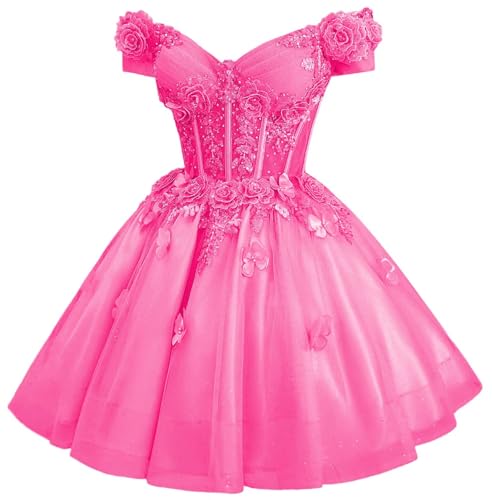 Image of Zhangyo Sparkly Tulle Homecoming Dresses for Teens Off Shoulder DAMA Dress | Sparkly Tulle Homecoming Dresses, for Teens, Off Shoulder DAMA Dresses for Quinceanera, 3D Butterfly Short Ball Gown