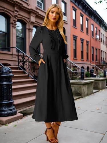 Image of Seta T Women's Fall Dress Frilled Long Sleeve A-Line Casual Midi Dresses | Crewneck, Smocked Cuff, Front Pleated, Pockets, Flowy and Lightweight, Party Elegant Outfit 2026