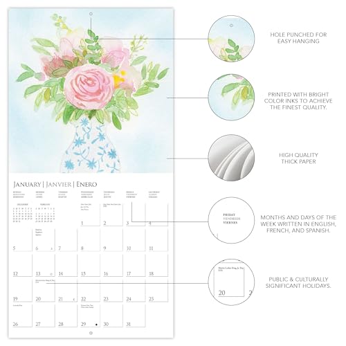 Graphique 2025 Pained Florals Wall Calendar | 12” x 12” | Thick Paper | Home & Office Organizer | Large Monthly Grid | 3 Languages & Marked Holidays | 4 Month Preview Page for 2026
