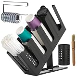 Cup and Lid Holder with Straw Organizer – Includes Clean Brush & Lid Organizer, 4 Adjustable Compartments, Coffee Cup and Lid Dispenser for Countertop, Coffee Station, Breakroom, Bar – Black