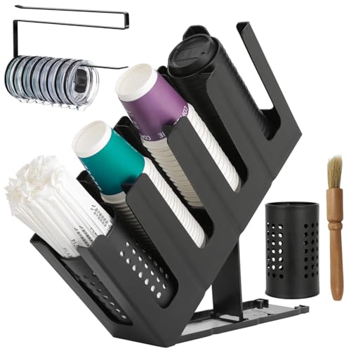Cup and Lid Holder with Straw Organizer – Includes Clean Brush & Lid Organizer, 4 Adjustable Compartments, Coffee Cup and Lid Dispenser for Countertop, Coffee Station, Breakroom, Bar – Black