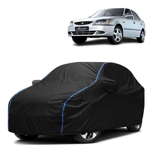 Image of Kerwa Car Body Cover Waterproof Compatible with Hyundai Accent Viva | Scratch Proof, Anti-Dust, UV Protection with Windproof Buckle Strap and Mirror Pockets, Bottom Elastic Fitted-Black