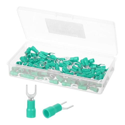sourcing map Insulated Fork Spade Connectors, 22-16AWG SV1.25-4 U-Type Tinned Copper Waterproof Fork Crimp terminals Connectors for Industrial Electrical Marine Wiring, Pack of 100 (Green)