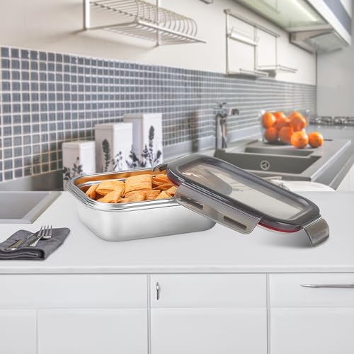Image of MILTON Modulo Steel Rectangular Container with lock lid, Set of 3 (600,1200 & 2200 ml)|Airtight & Leakproof|Microwave & Oven safe| Light Weight | School, Office or Picnic use, Silver
