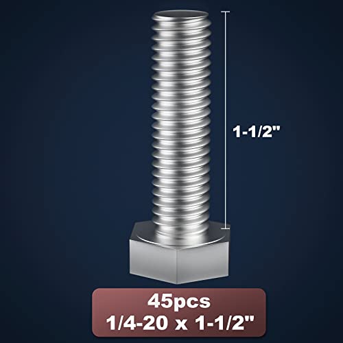 Image of 1 /4-20 x 1-1 /2 inch (5 /8 to 5 inch Optional) Hex Head Screw Bolt, Stainless Steel 18-8(304), Fully Threaded,45pcs