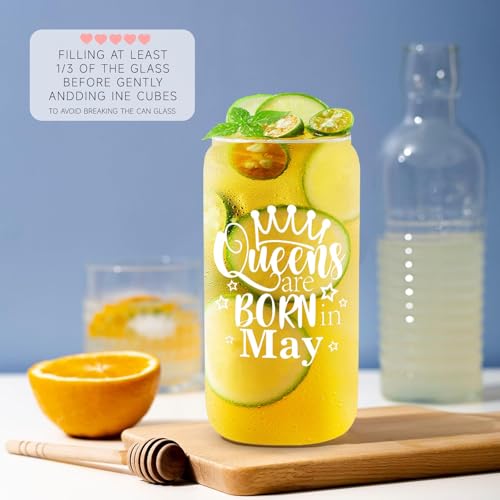 Birthday Gifts for Women, Funny Happy Birthday Glass Cup Tumbler for her, Girlfriend, Friends, Wife, Mom, Bestie, Daughter, Sister, 18oz Unique Can Glass with Straw & Lid, Queens are Born in May - Image 5