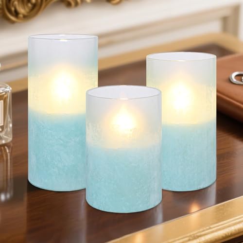 Image of MELTONE Sandblasted Lake Blue Flameless Candles with Remote & Timer, Real Wax Glass Ocean LED Candles, Home Holiday Farmhouse Christmas Summer Nautical Decor, Set of 3
