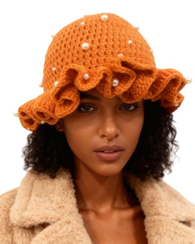 Image of Women Crochet Bucket Hat Cute Winter Ruffled Brim Floppy Cap Handmade Knit Cloche Hats