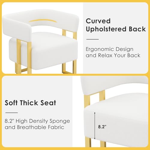 Image of Boucle Dining Chairs Set 2, White Upholstered Accent Armchairs, Gold Legs | STHOUYN Mid Century Modern Barrel Style, Gold Metal Legs, Kitchen Living Room Apartment