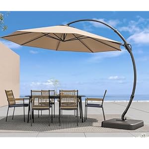 LAUSAINT HOME Outdoor Patio Umbrella with Base included, 11 FT Deluxe Curvy Cantilever Umbrella Heavy Duty Offset Hanging Umbrella with 360° Rotation for Market, Pool, Garden, Backyard, Deck (Beige)