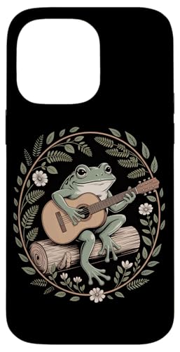 田園ノスタルジア コテージコア カエル フォークギター 木の丸太 野花と葉飾り 自然の静けさ スマホケース iPhone 14 Pro Max 用