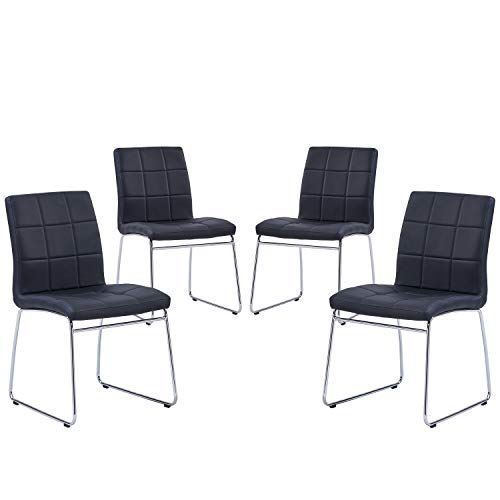 Modern Dining Chairs Set of 4,Dining Room Chairs with Faux Leather Padded Seat Back in Checkered Pattern and Sled Chrome Legs, Kitchen Side Chairs for Dining Room,Kitchen, Living Room,Black