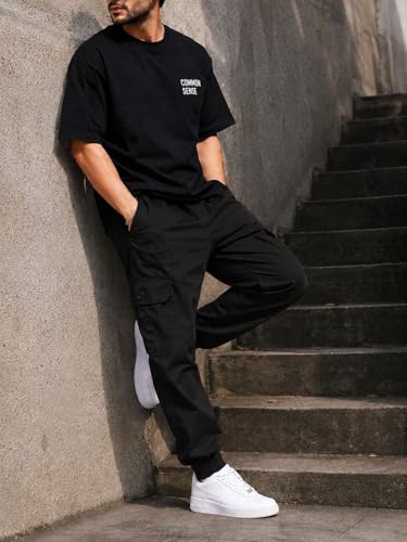 Image of Men's Cotton Cargo Pants | Cargo Trousers with Flap Buttoned Pocket | Elastic Waist Drawstring Casual Cargo Pants | Regular Fit Outdoor Travel Streetwear Bottom Wear