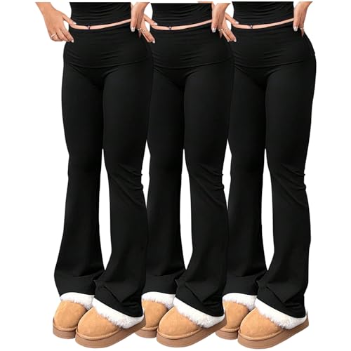 FAQUDY 3 Piece Womens Flare Leggings High Waisted Tummy Control Yoga Pants Black Bootcut Wide Leg Leggings Workout Pants (US Alpha X-Large Regular Regular 3PCS Black)