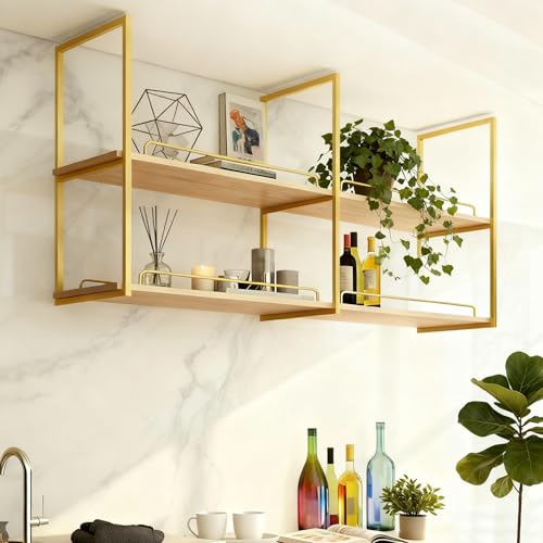 Hamankim Estantería flotante de madera, estantes de almacenamiento para barra de cocina con marco de metal negro, estante de almacenamiento decorativo para comedor/bar, soporte para macetas (dorado